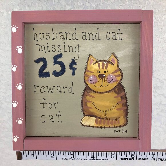 Handmade Cat Painting with Funny Quote Signed Art in 6½” by 6½” Pink Wood Frame - Picture 5 of 5